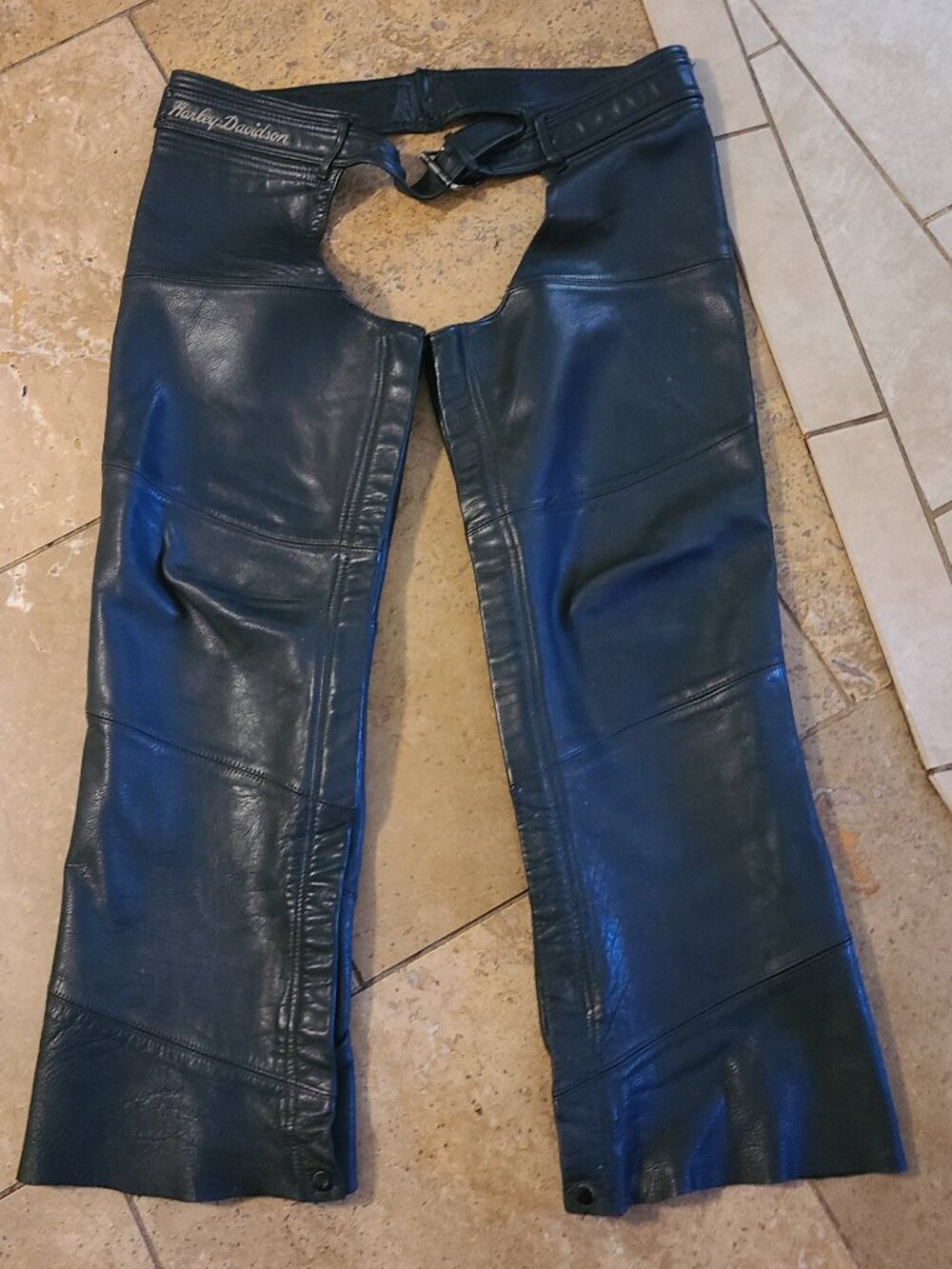 Harley Davidson Chaps Men's Black SZ L Riding Belted Logo Vintage Zip/Button